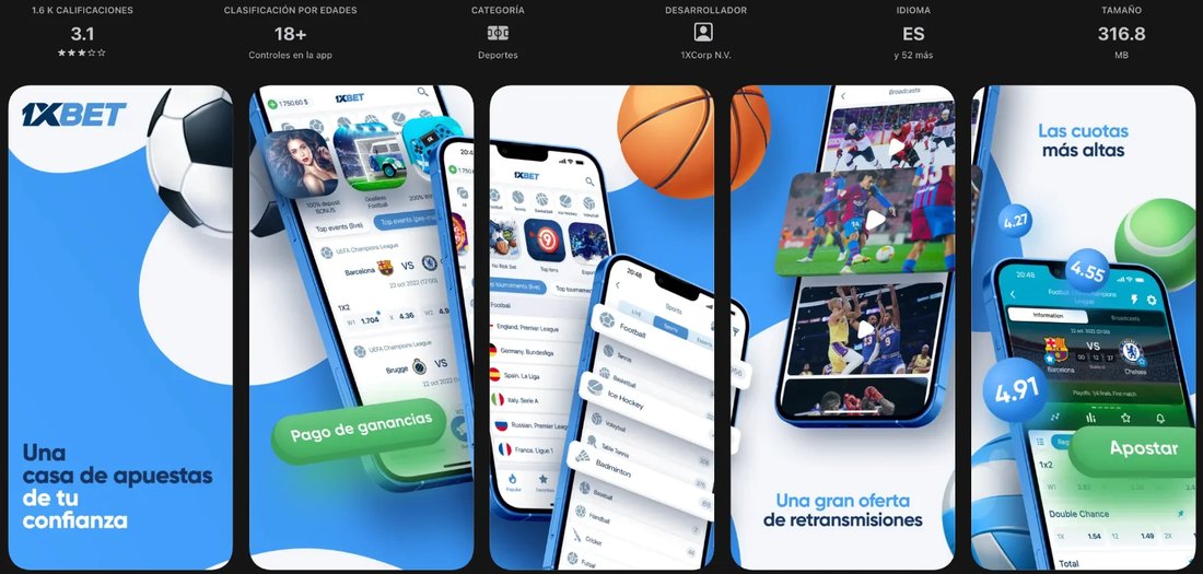 Ficha de la app de 1xBet en la App Store con 3,1 estrellas y 316,8 MB