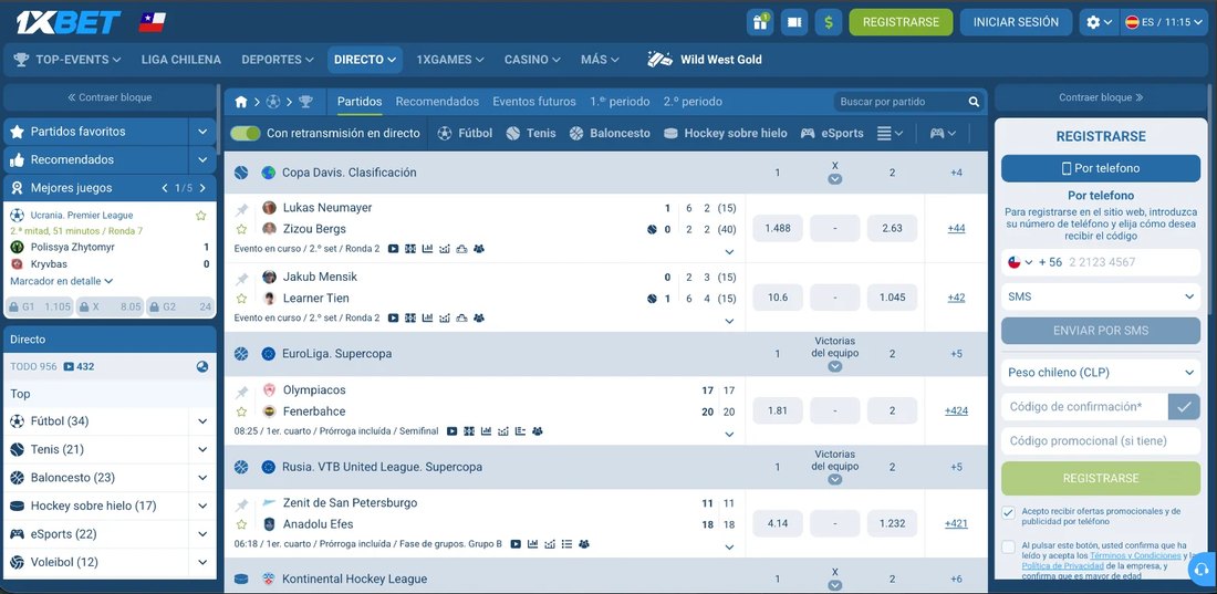 Sección Directo de 1xBet Chile con 956 eventos en vivo y 432 con retransmisión