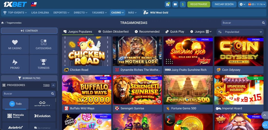 Lobby de tragamonedas del casino de 1xBet Chile con proveedores y torneos