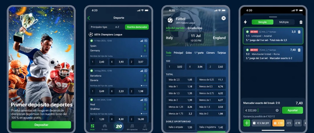 App de 20Bet en español con la sección Deporte, los mercados por partido y el cupón de apuestas en vivo