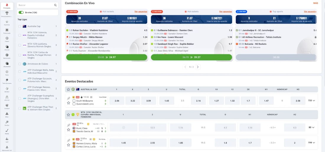 Sección de apuestas en vivo de 20Bet Chile con combinaciones potenciadas y eventos destacados