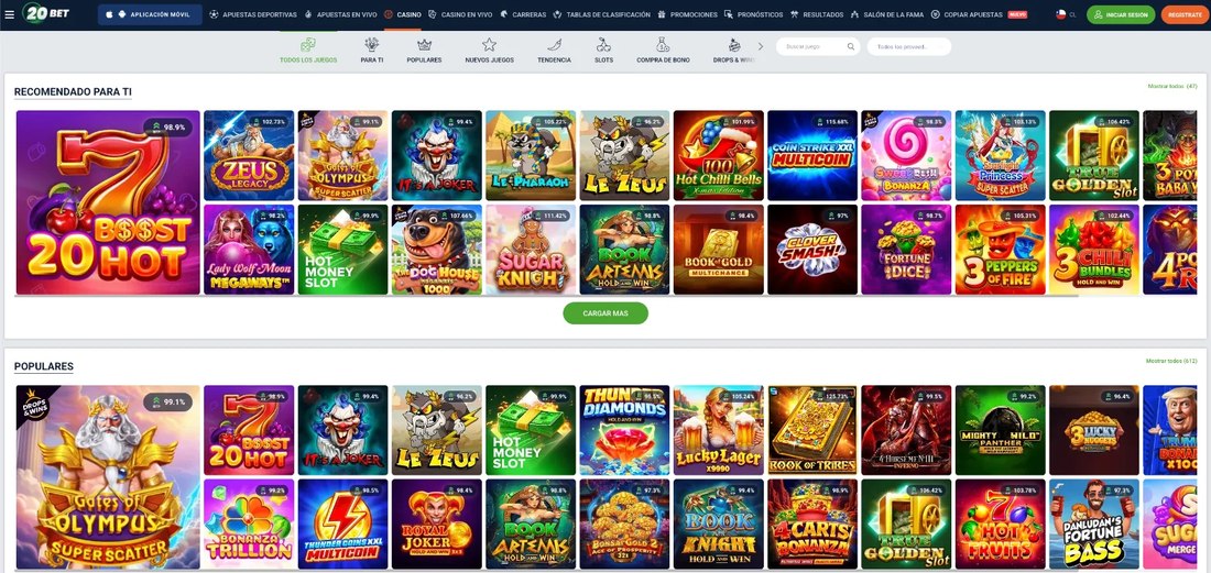Lobby del casino de 20Bet Chile mostrando el RTP de cada tragamonedas en la miniatura