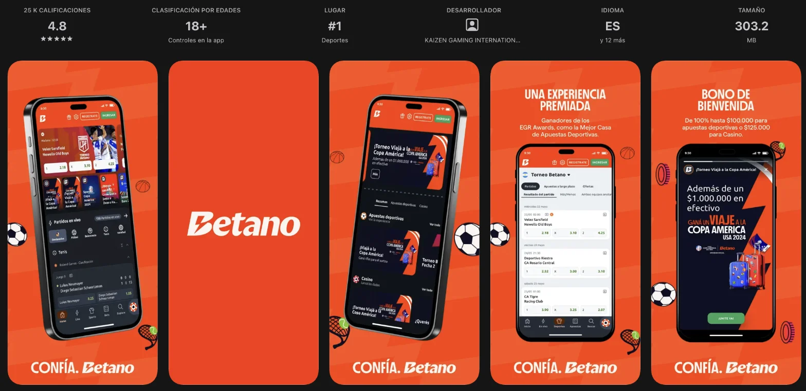 Ficha de la app de Betano en la App Store con 4,8 estrellas y 25.000 calificaciones