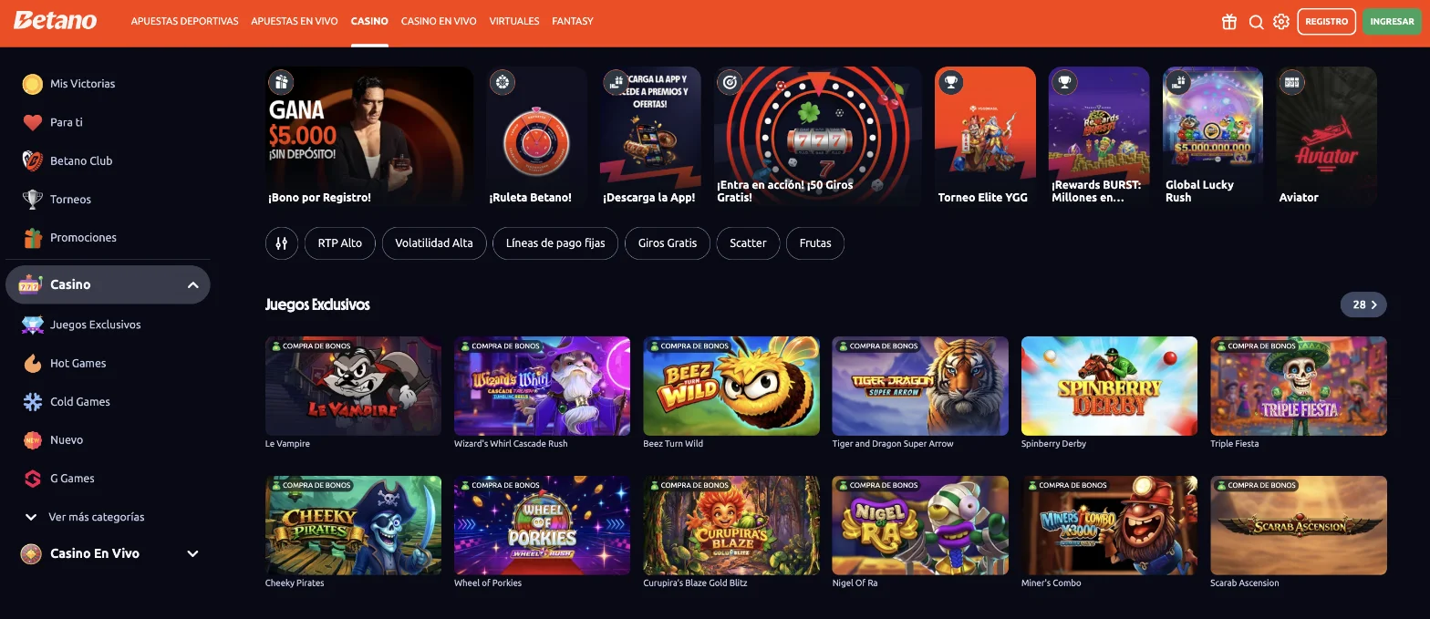 Lobby del casino de Betano Chile con los juegos exclusivos y los filtros de búsqueda