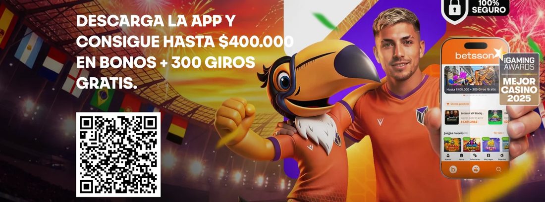 Banner de descarga de la app de Betsson Chile con código QR y bono de bienvenida de casino