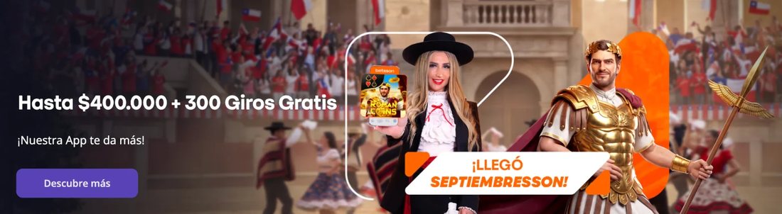 Banner del bono de casino de Betsson Chile: hasta $400.000 y 300 giros gratis