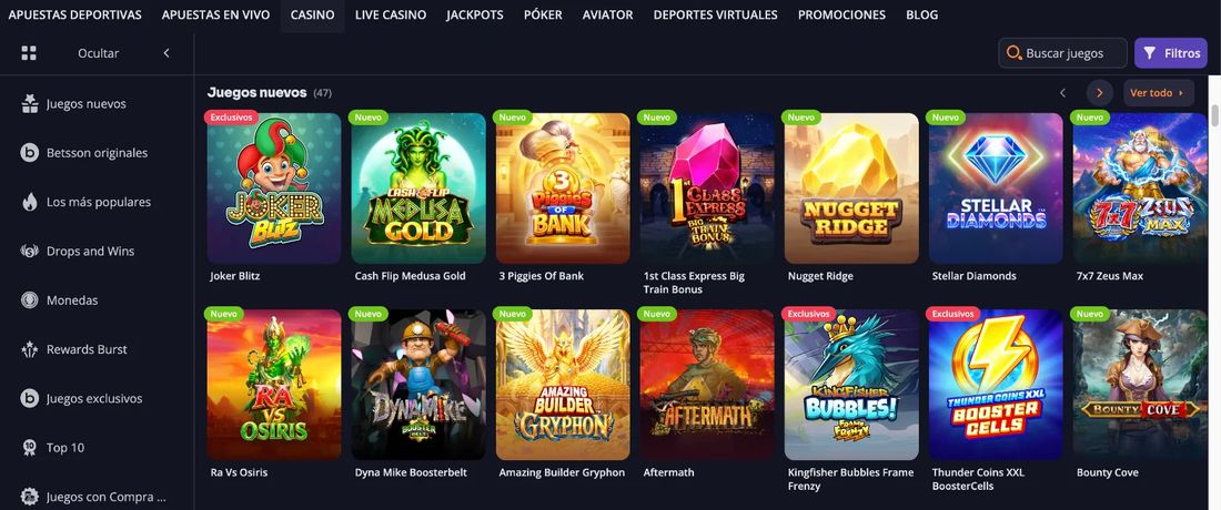 Lobby del casino de Betsson Chile con las tragamonedas nuevas y el menú de categorías
