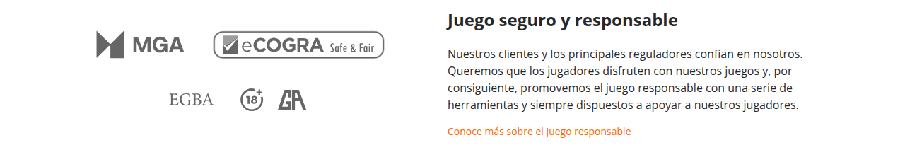 Sellos de la Malta Gaming Authority, eCOGRA Safe & Fair y EGBA en el sitio de Betsson Chile