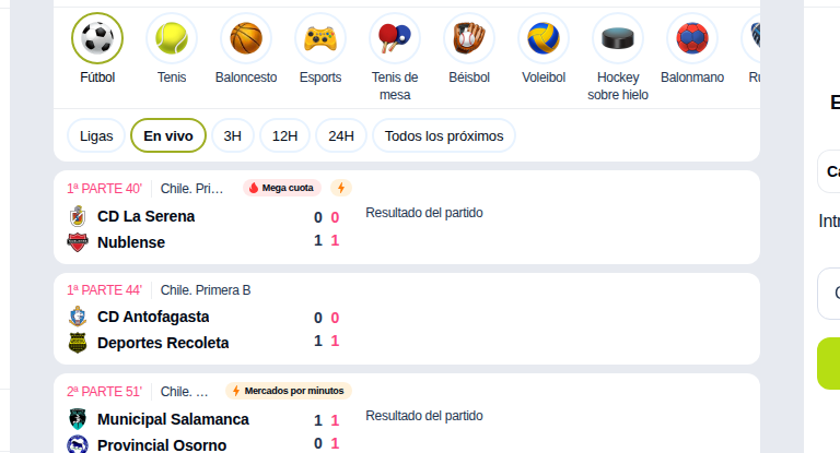 Sección de apuestas en vivo de Jugabet con partidos de la Primera División chilena en juego