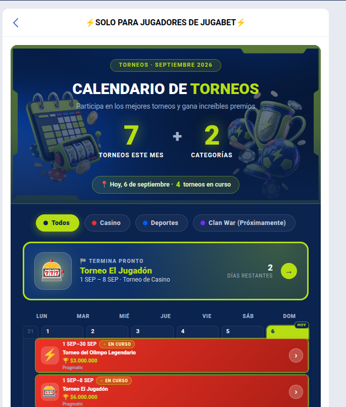 Calendario de torneos de Jugabet de septiembre de 2026 con siete torneos y dos categorías