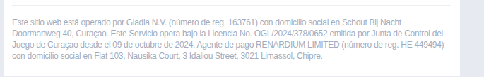 Aviso legal de Jugabet con la licencia de Curazao y el agente de pago en Chipre