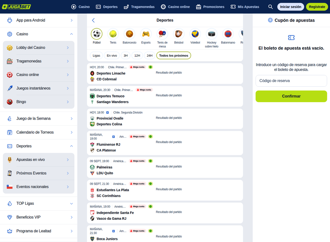 Plataforma de apuestas deportivas de Jugabet con el menú de deportes, los partidos del día y el cupón de apuestas