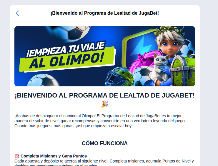 Página del programa de lealtad de Jugabet con misiones y puntos de nivel