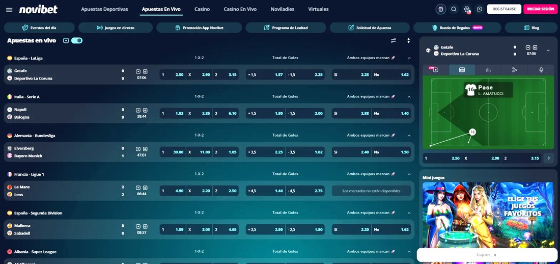 Sección de apuestas en vivo de Novibet Chile con streaming, estadísticas y mercados 1X2 por partido