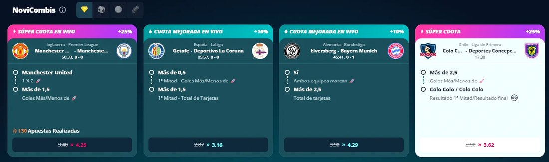 NoviCombis de Novibet Chile: súper cuotas +25% y cuotas mejoradas +10% con la cuota original tachada