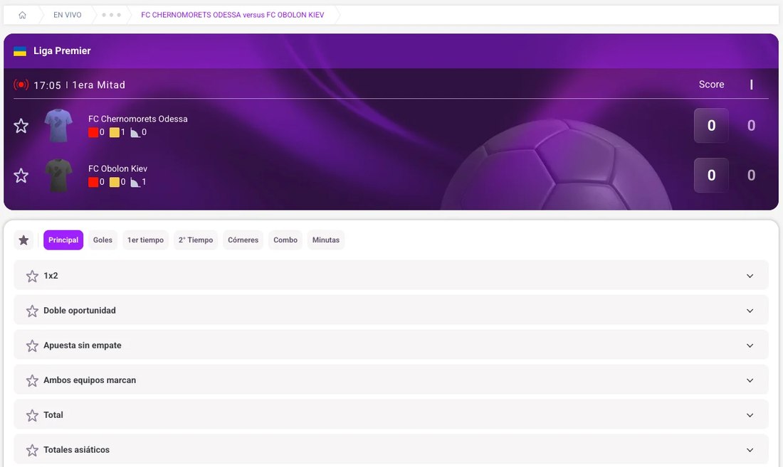 Partido en vivo en TonyBet Chile con las pestañas de goles, córneres, tiempos y los mercados desplegables