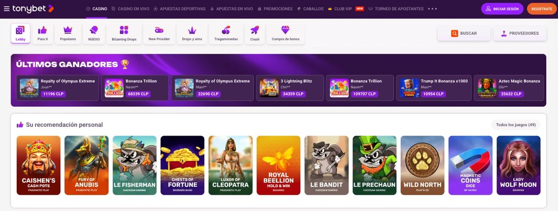 Lobby del casino de TonyBet Chile con los últimos ganadores y los juegos recomendados