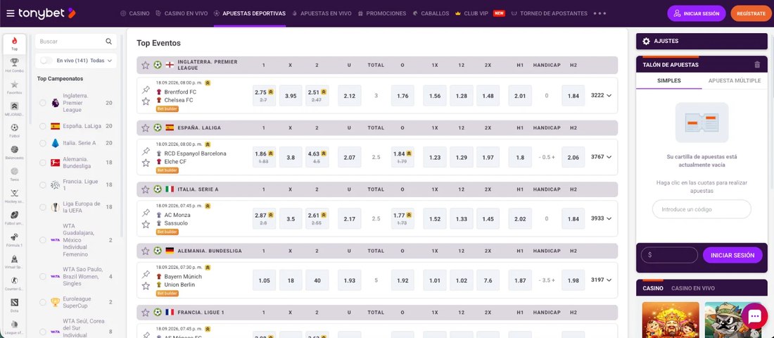 Top eventos de TonyBet Chile con los mercados 1X2, hándicap, totales y el contador de mercados por partido